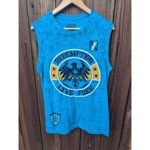 RAW STATE Redemption Shirt Mens Small Blue Sleeveless Muscle Tank Flocked